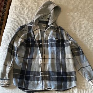 100% Cotton- American Eagle Outfitters Gray & Navy Plaid Hooded Shirt